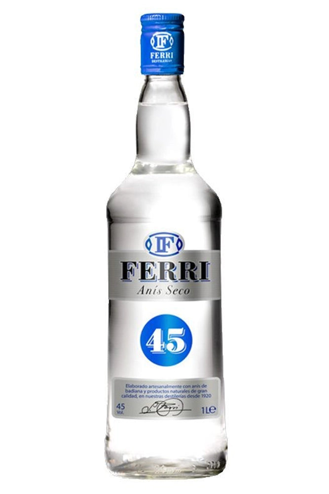 Botella de 1 litro de Anís Ferri 43º, un anís dulce español con alto grado alcohólico. Color transparente, aroma a anís dulce con notas de hierbas. Sabor dulce con final prolongado. Elaborado con anís verde y destilación tradicional. Presentado en botella de vidrio con etiqueta distintiva.