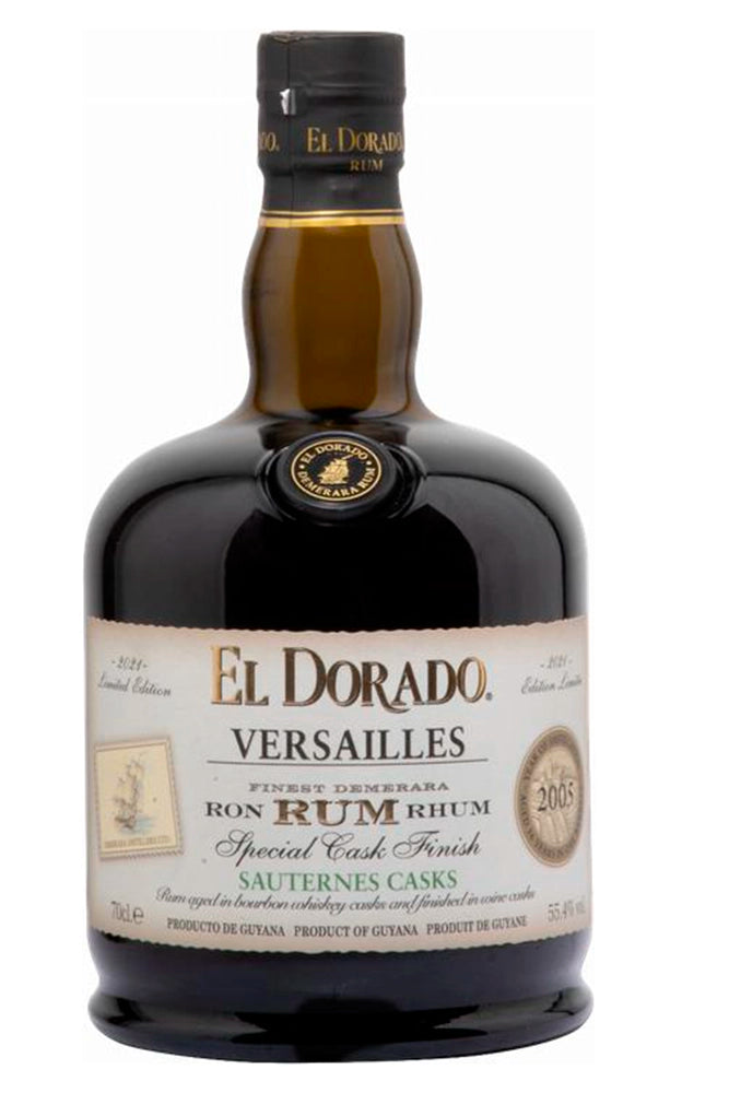 Botella de 70 cl de Ron El Dorado Versailles Sauternes Casks, ron premium de Guyana 55,4% vol., acabado en barricas de vino Sauternes.