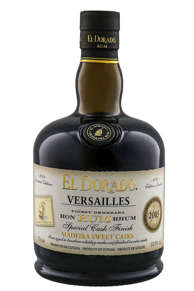 Botella de 70 cl de Ron El Dorado Versailles Madeira Sweet Casks, ron de Guyana 55,9% vol., acabado en barricas de vino de Madeira dulce, edición especial.