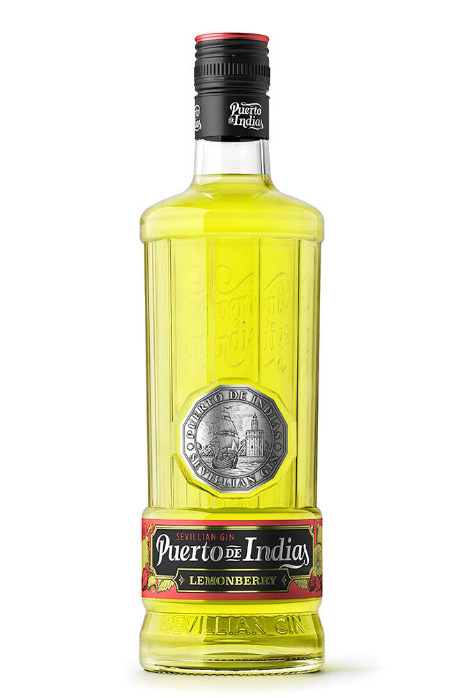Botella de 70 cl de Ginebra Puerto de Indias Limón, una ginebra premium española elaborada en Sevilla. Con sabor a limón fresco y notas herbales, ideal para gin-tonics. Presentada en botella de vidrio de color amarillo claro.