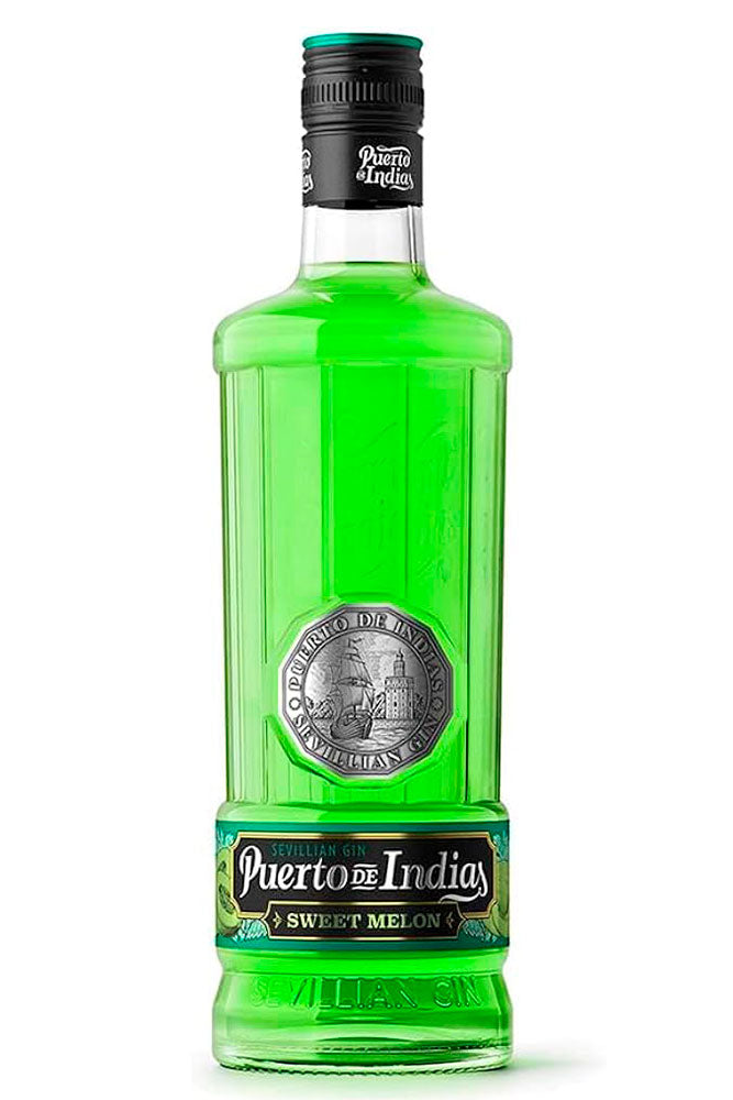 Botella de 70 cl de Ginebra Puerto de Indias Melón, una ginebra premium española elaborada en Sevilla. Con sabor a melón maduro y notas cítricas, ideal para cócteles de verano. Presentada en botella de vidrio de color verde claro.
