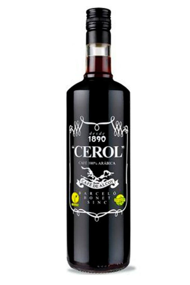 Botella de 1 litro de Licor Café Cerol, un licor tradicional elaborado con café arábica tostado y macerado. Ideal para aperitivos o combinados. Presentado en botella de vidrio marrón oscuro.