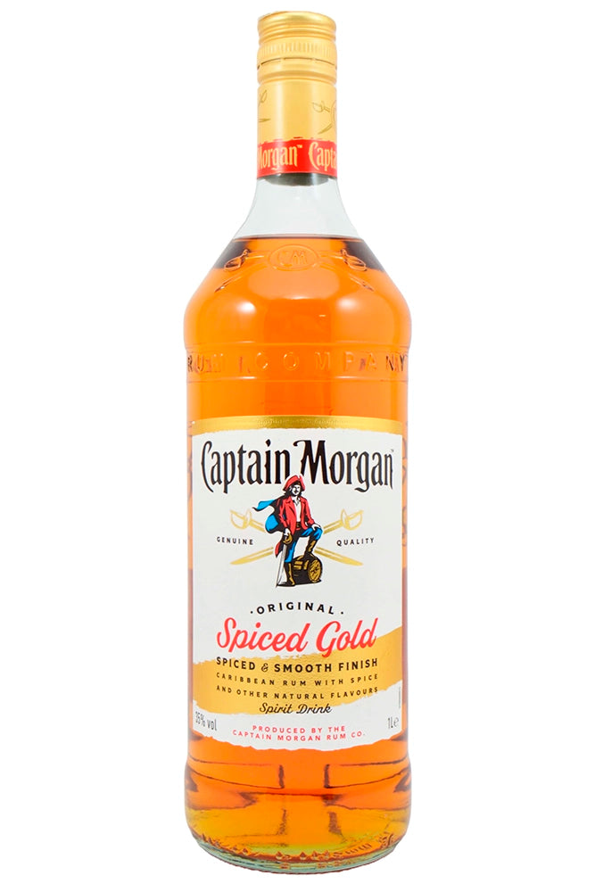 Botella de 1 litro de Captain Morgan Spiced, ron especiado caribeño 35% vol., con notas de vainilla y clavo, perfecto para cócteles o compartir.