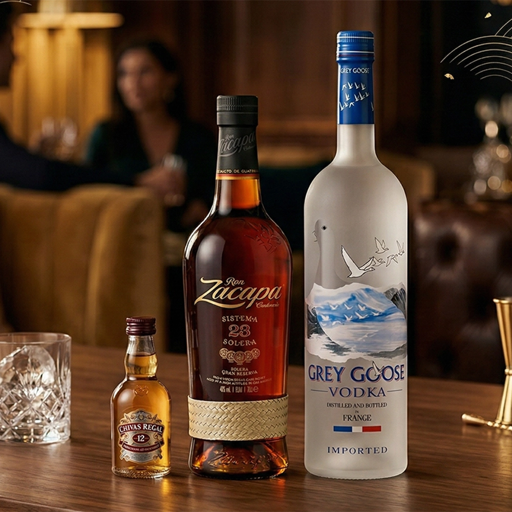 Bodegón premium de UKIYO Drinks con Ron Zacapa y Grey Goose en una barra elegante para una ocasión de regalo especial.