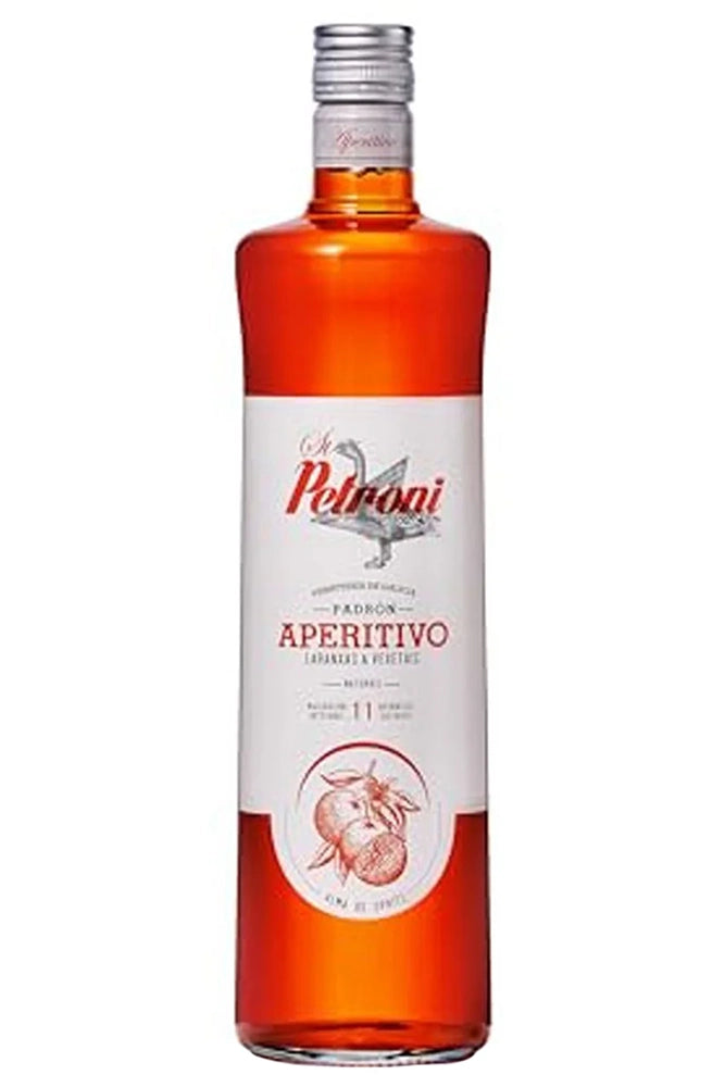 Botella de 75 cl de Vermut San Petroni Bitter, un vermut amargo gallego elaborado con albariño y una selección de botánicos amargos, ideal para coctelería. Presentado en una elegante botella de vidrio de color rojo intenso.
