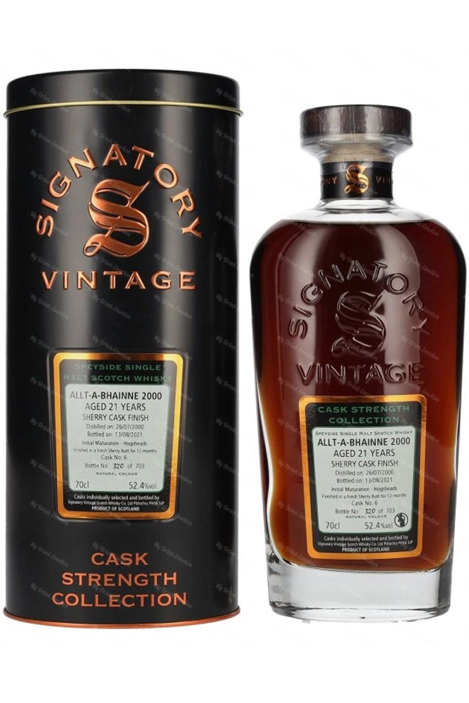 Botella de whisky Allt-A-Bhainne 21 Años, single malt de Speyside envejecido en roble. Notas de frutas secas, miel y caramelo.