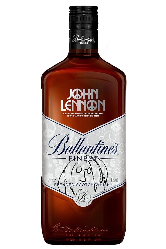 Botella de whisky Ballantine’s John Lennon 1L, edición especial escocesa con notas de miel, vainilla y toffee. Diseño conmemorativo.