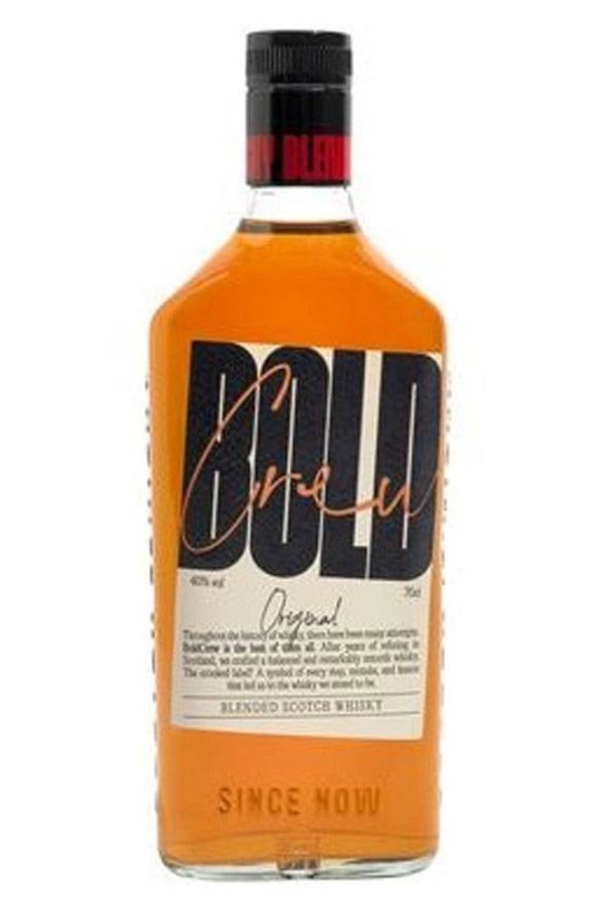 Botella de 70 cl de Whisky Bold Crew, blended whisky europeo suave y moderno con notas de miel, vainilla y caramelo, ideal para consumo diario.