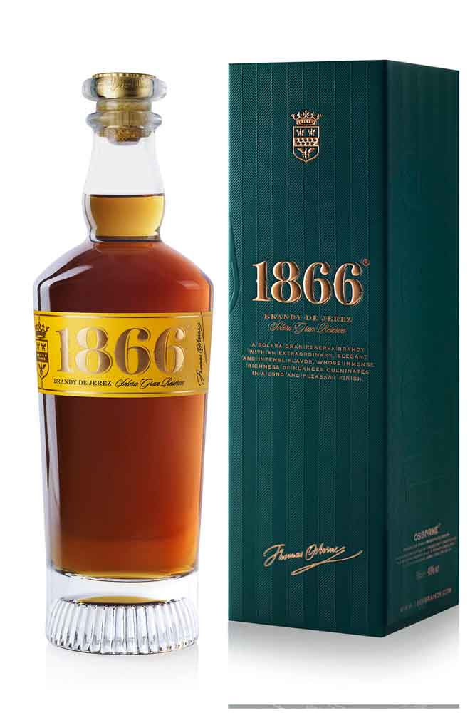 Botella de 70 cl de Brandy 1866 Solera Gran Reserva de Osborne. Ámbar oscuro, envejecido más de 12 años, complejo y elegante.