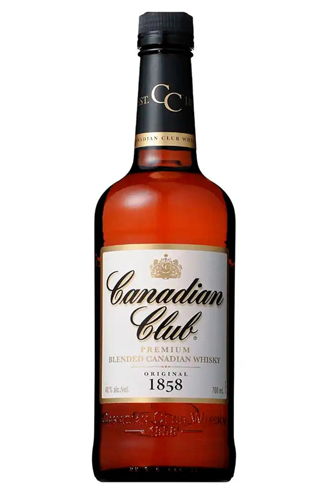 Botella de whisky Canadian Club 1L, canadiense envejecido 6 años en roble con notas de caramelo, vainilla y madera ligera.