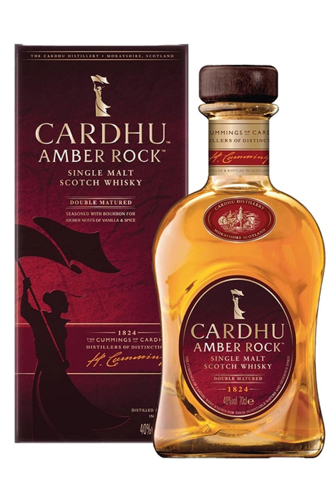 Botella de whisky Cardhu Amber Rock 70 cl, single malt de Speyside con notas de vainilla, cítricos y roble tostado.
