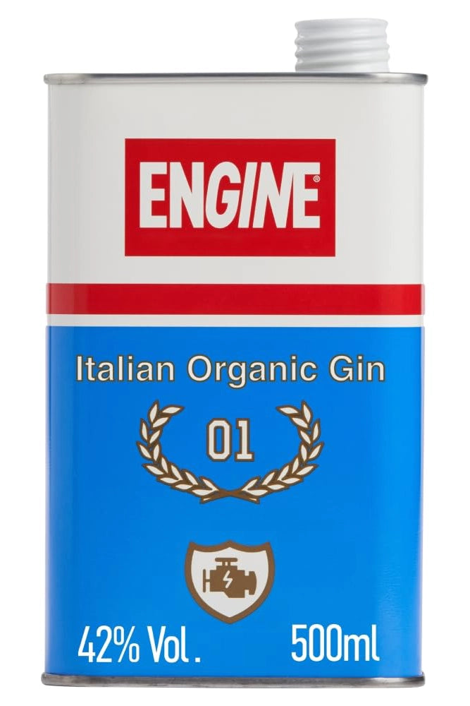 Botella Engine Gin 70 cl en lata metálica, ginebra orgánica con limón, salvia y regaliz.