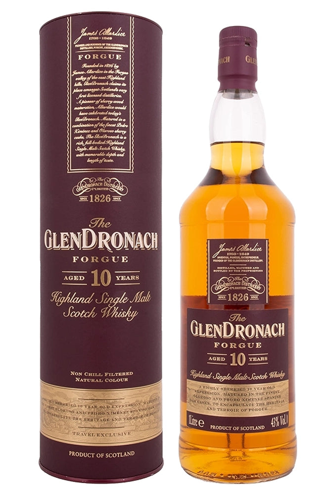Botella de whisky Glendronach 10 Años Forgue 1L, single malt de las Highlands envejecido en barricas de jerez PX y Oloroso.