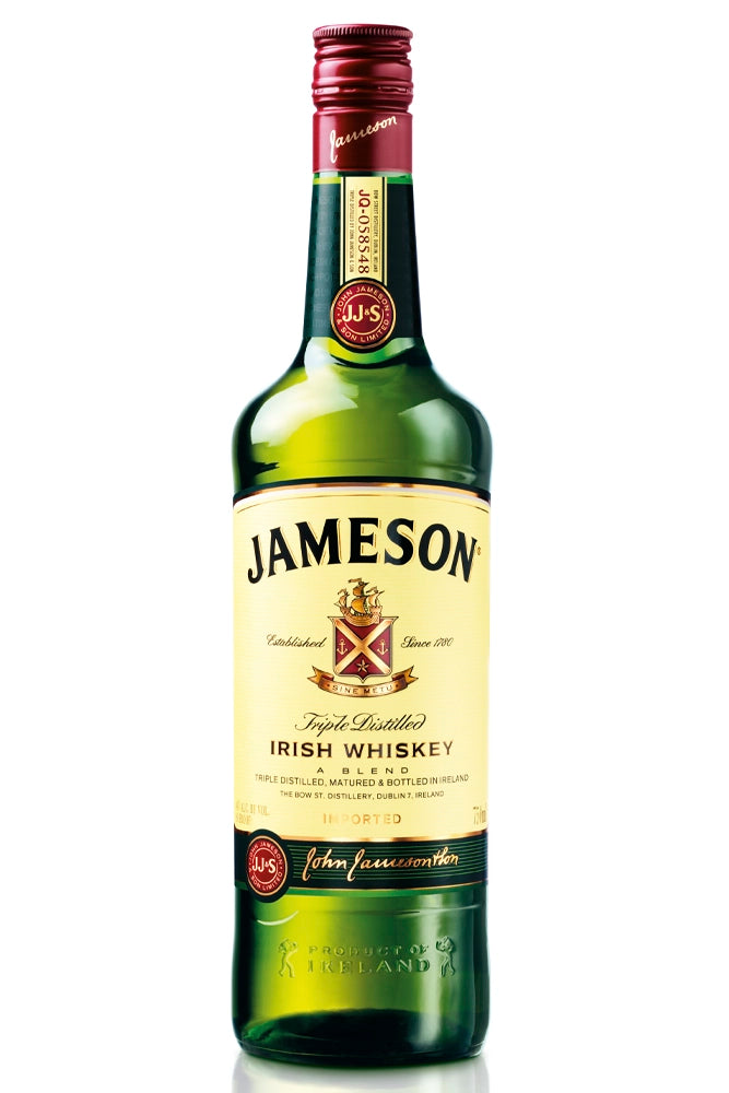 Botella de 70 cl de Jameson, whisky irlandés blended 40 % vol., triple destilado, con notas de manzana, miel y vainilla, ideal para cócteles.