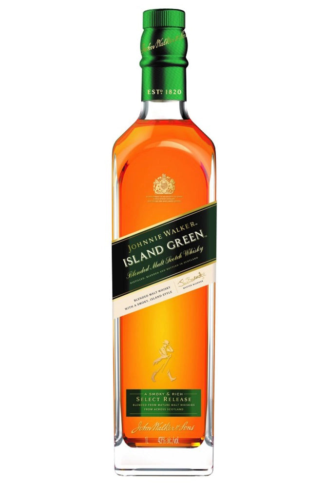 Botella de Johnnie Walker Island Green 1L, blended malt con turba suave, miel y frutas tropicales. Edición exclusiva.