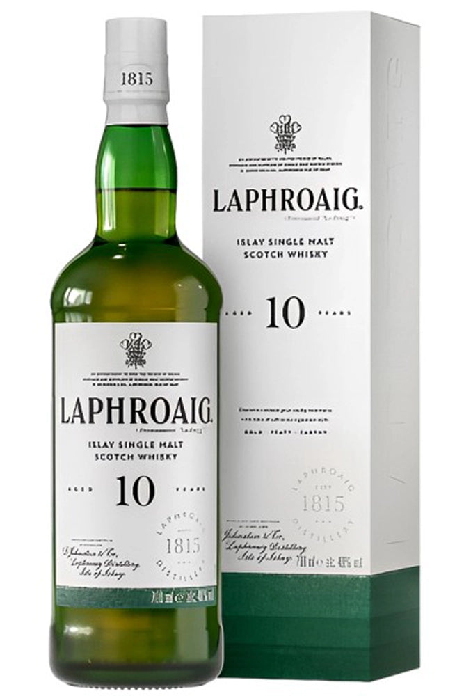 Botella de Laphroaig 10 Years Old 70 cl, whisky single malt ahumado de Islay.