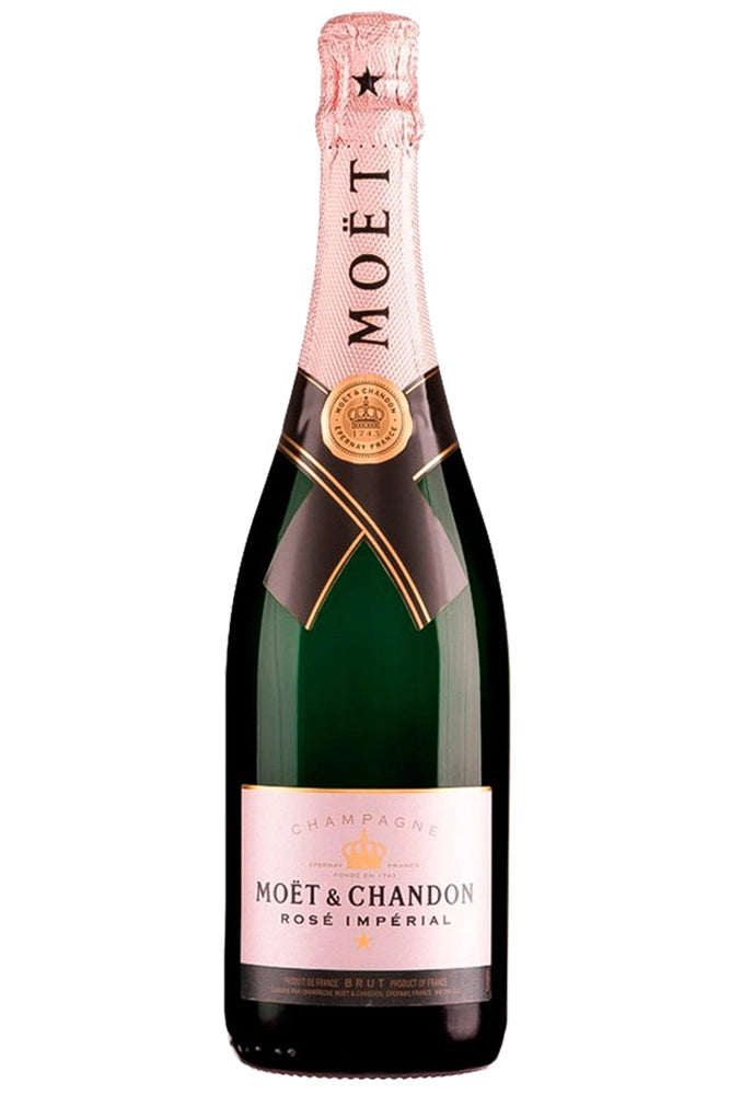 Botella de Moët & Chandon Rosé Impérial 75 cl, tono rosa salmón, elegante y afrutado, con notas de frutos rojos y efervescencia fina.