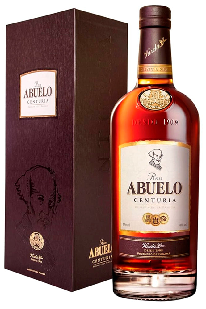 Botella de 70 cl de Abuelo Centuria, ron panameño de lujo 40 % vol., ensamblado en solera hasta 30 años, notas de caramelo y madera.