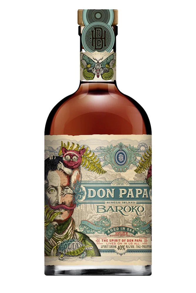 Botella de 70 cl de Ron Don Papa Baroko, ron filipino premium 40% vol., con aromas de vainilla, fruta tropical madura y roble tostado.