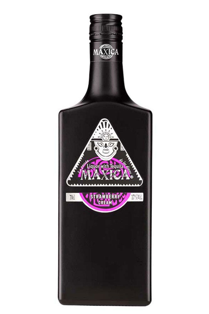 Botella de Tequila Fresa Maxica 70 cl, licor aromatizado con tequila y fresa madura. Dulce, afrutado y refrescante para cócteles.
