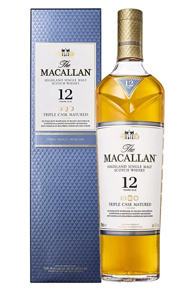 Botella de 70 cl de The Macallan 12 Years Sherry Oak, whisky single malt escocés envejecido en barricas de Jerez, elegante y complejo.