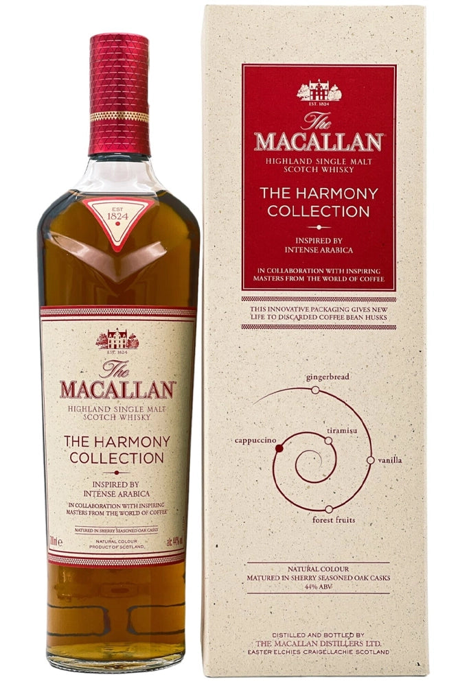 Botella The Macallan Harmony Intense Arabica, single malt edición limitada con notas de café tostado, cacao, vainilla y roble dulce.