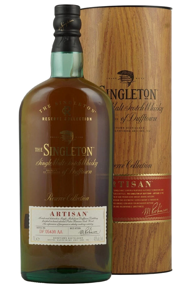 Botella The Singleton Artisan 1 L, single malt de Speyside con notas suaves de miel, pera, vainilla y roble, edición exclusiva travel retail.