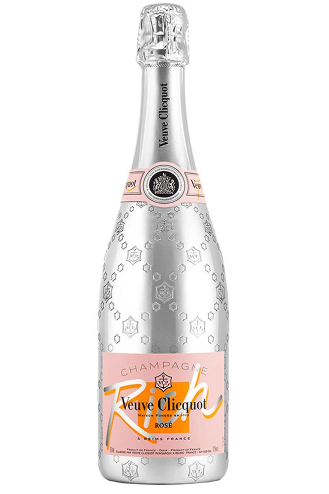 Botella de Veuve Clicquot Rich Rosé 75 cl, champagne rosado Demi-Sec de color intenso, ideal para servir con hielo y frutas frescas.