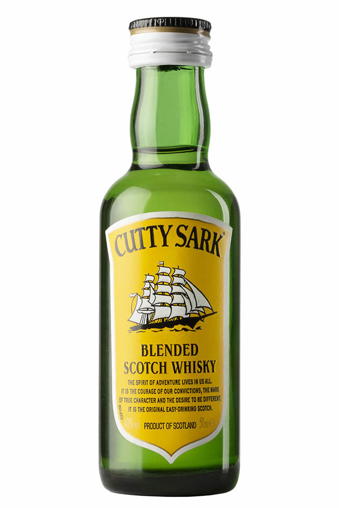 Botella mini de Whisky Cutty Sark 5 cl, blended escocés ligero y suave con notas de miel y fruta. Ideal para degustación o combinados.