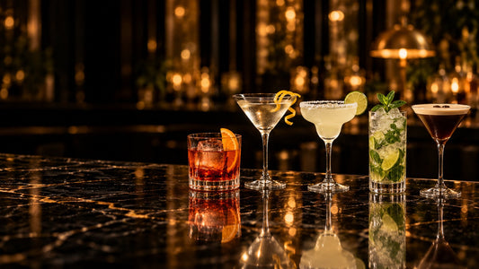Cinco cócteles clásicos en una barra de mármol negro: Negroni, Dry Martini, Margarita, Mojito y Espresso Martini