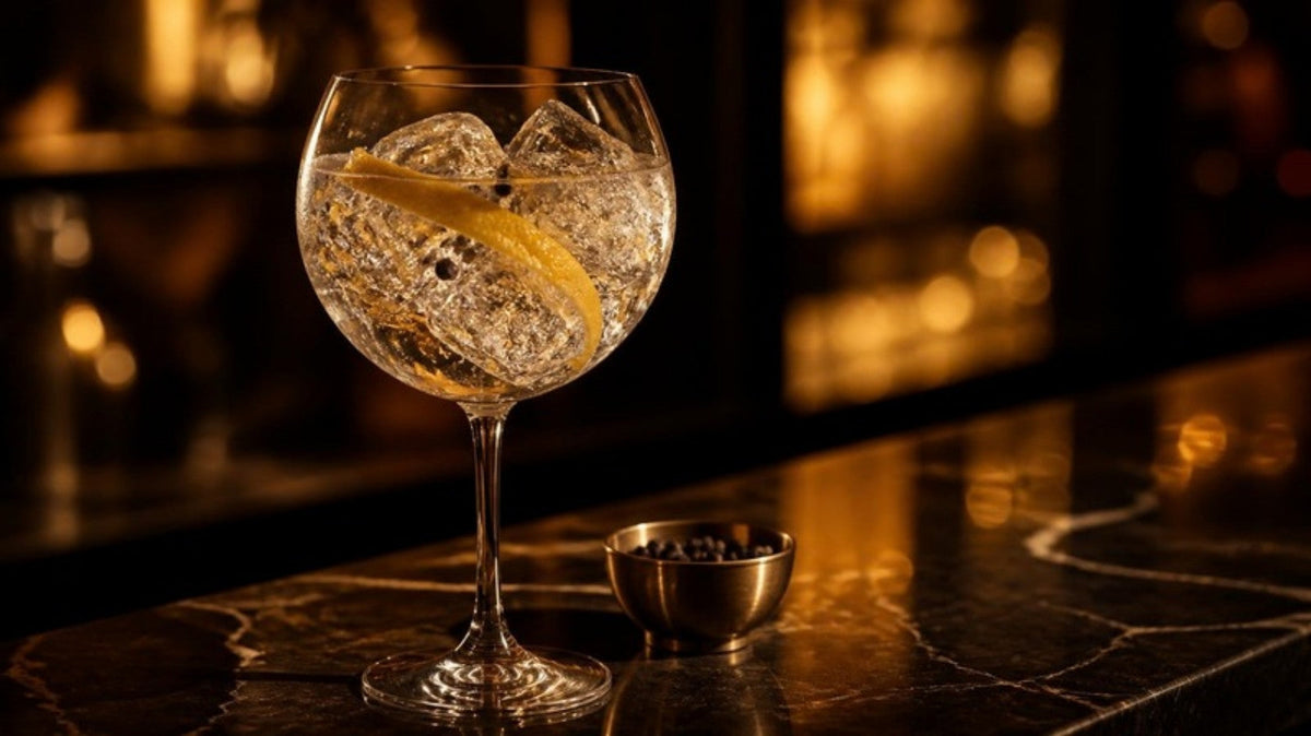 Gin-tonic servido en copa de balón con mucho hielo y piel de limón sobre una barra de mármol