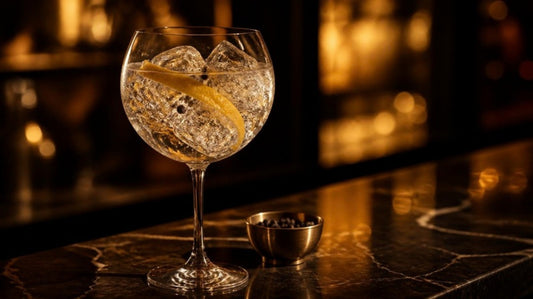Gin-tonic servido en copa de balón con mucho hielo y piel de limón sobre una barra de mármol