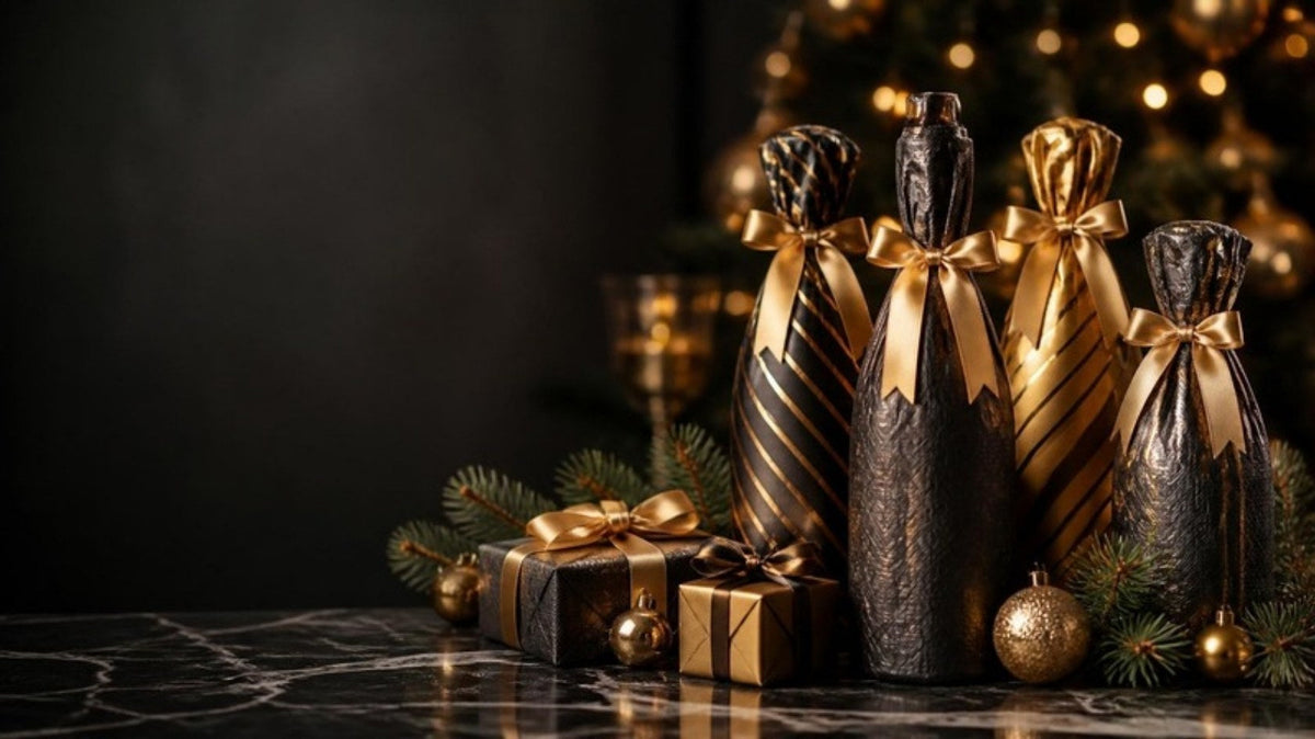 Botellas envueltas en papel de regalo negro y dorado con lazos sobre una mesa de mármol con luces de Navidad