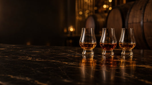 Tres copas de cata con whisky de distintos tonos de ámbar sobre una barra de mármol negro, con barricas de roble al fondo