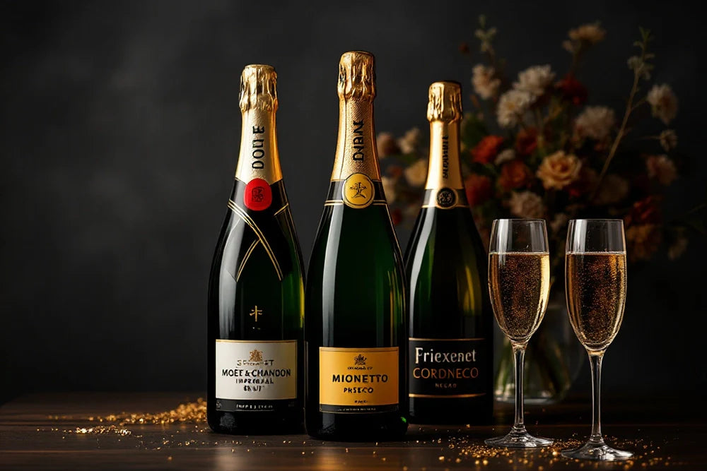 Colección de botellas de espumosos que incluye Champagne, Prosecco, Cava y rosados, presentadas en un entorno festivo con iluminación brillante y copas de champagne.