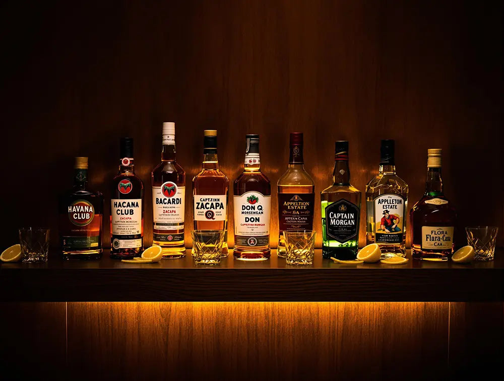 Colección de botellas de ron que incluye blanco, dorado, añejo, especiado y premium, presentadas en un entorno elegante con iluminación cálida y vasos de cristal.