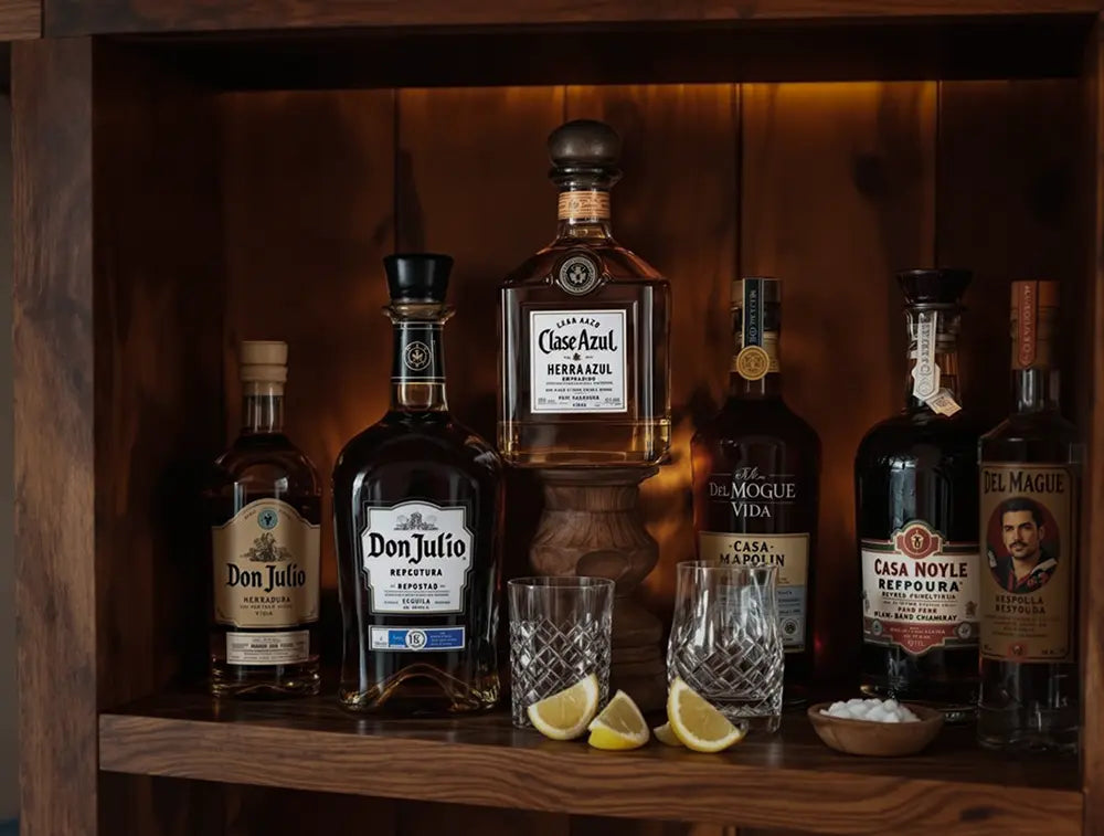Colección de botellas de tequila que incluye blanco, reposado, añejo, joven, ahumado y premium, presentadas en un entorno rústico con iluminación cálida y vasos de cristal.