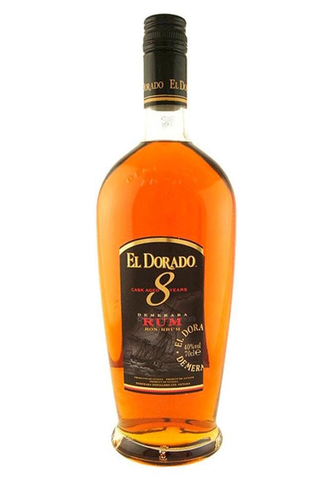 Botella de 70 cl de Ron El Dorado 8 YO, ron de Guyana 40% vol., envejecido al menos 8 años con notas de vainilla y caramelo.