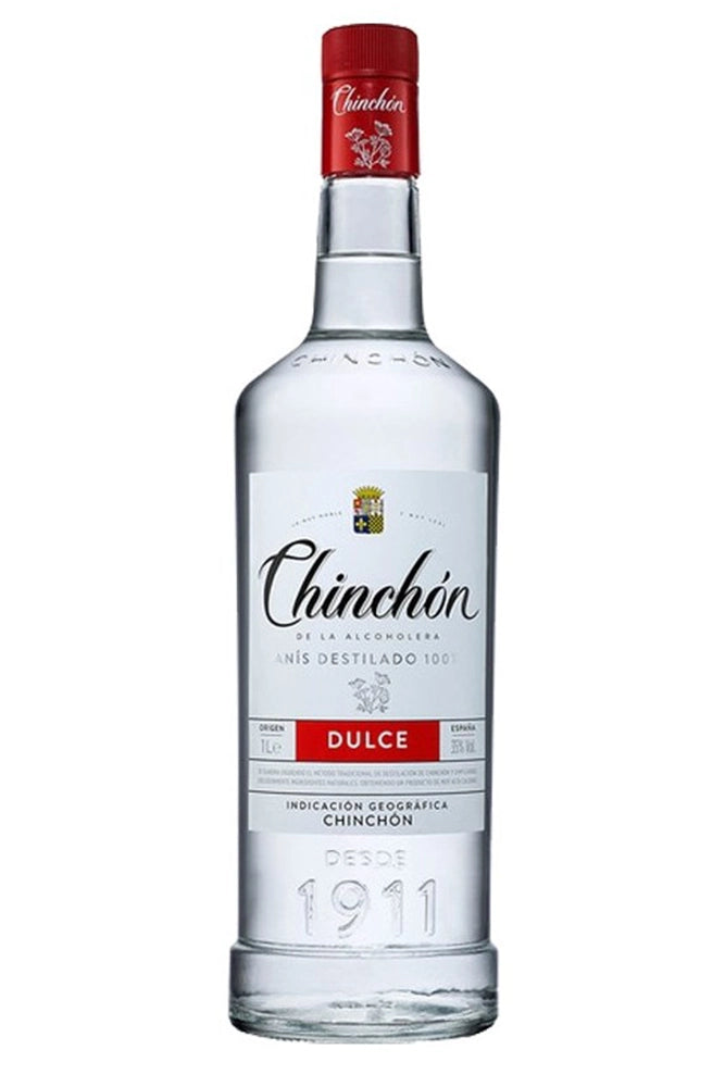 Botella de 1 litro de Anís Chinchón Dulce, un anís dulce de Madrid con Denominación Geográfica. Elaborado con anís verde de primera calidad, destilado por arrastre de vapor con ingredientes naturales. Ideal para sobremesa, con hielo o en repostería. Presentado en botella de vidrio transparente.