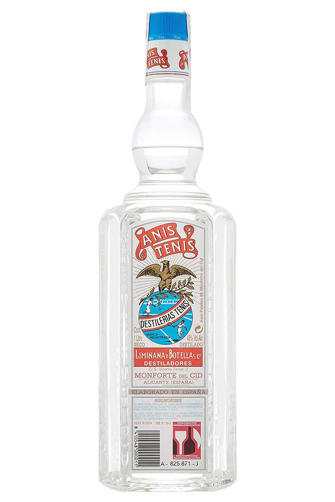 Botella de 1 litro de Anís Tenis, un anís extra seco de Destilerías Tenis en Alicante. Elaborado con anís estrellado y agua purificada, destilado tradicionalmente. Ideal para tomar solo o con hielo. Presentado en botella de vidrio transparente.
