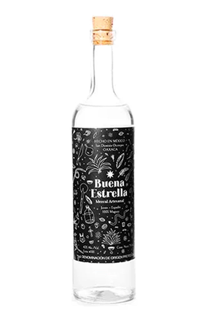Botella de 70 cl de Mezcal Buena Estrella, 100% agave, 40% vol., notas de agave asado, humo y matices herbales-cítricos.