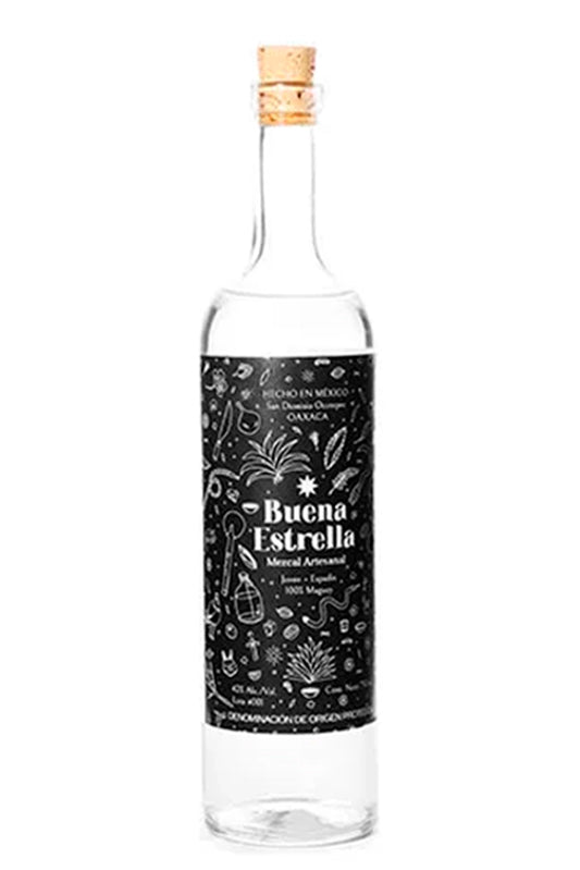 Botella de 70 cl de Mezcal Buena Estrella, 100% agave, 40% vol., notas de agave asado, humo y matices herbales-cítricos.