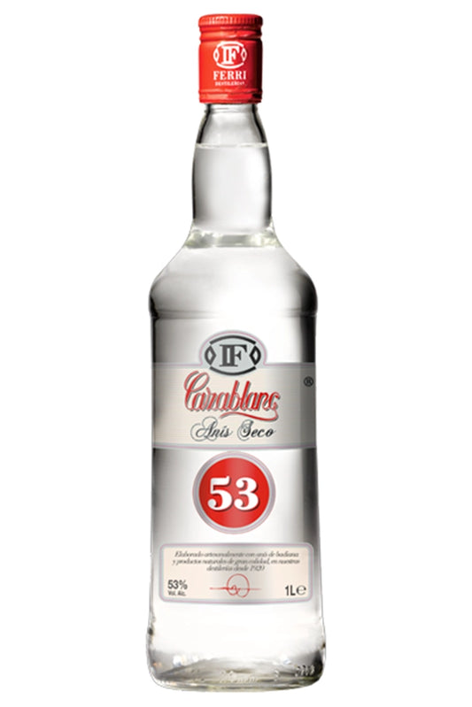 Botella de 1 litro de Anís Ferri Cazablanca 53º, un anís extra seco con alta graduación alcohólica. Destilado artesanalmente en alambique de cobre, ideal para disfrutar como digestivo o en combinaciones con café. Presentado en botella de vidrio transparente.