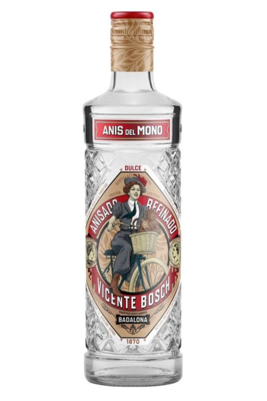 Botella de 1 litro de Anís del Mono Dulce, un anís dulce clásico español elaborado en Cataluña con más de 150 años de historia. Ideal para disfrutar solo, con hielo o en repostería. Presentado en botella de vidrio transparente.