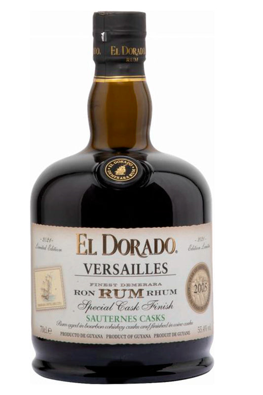 Botella de 70 cl de Ron El Dorado Versailles Sauternes Casks, ron premium de Guyana 55,4% vol., acabado en barricas de vino Sauternes.