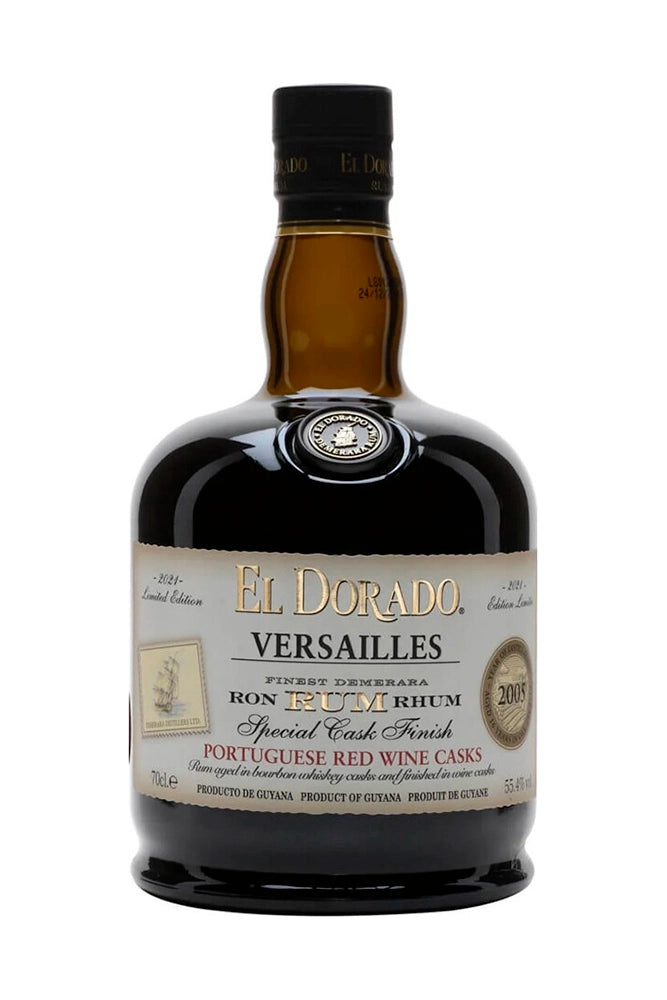 Botella de 70 cl de Ron El Dorado Versailles Portuguese Red Wine Casks, ron premium de Guyana 55,4% vol., acabado en barricas de vino tinto portugués.