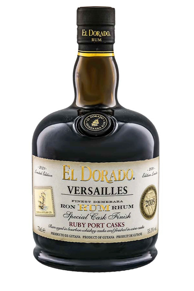 Botella de 70 cl de Ron El Dorado Versailles Ruby Port Casks, ron de Guyana 55,5% vol., acabado en barricas de vino de Oporto rubí.