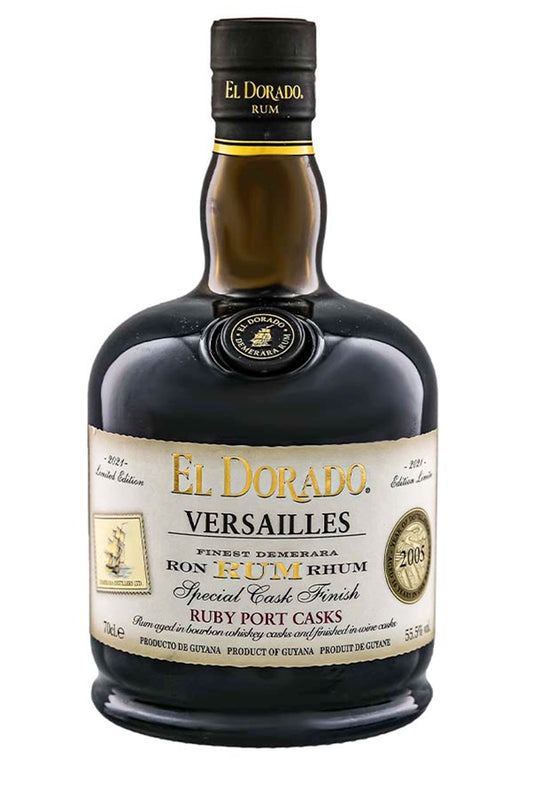Botella de 70 cl de Ron El Dorado Versailles Ruby Port Casks, ron de Guyana 55,5% vol., acabado en barricas de vino de Oporto rubí.