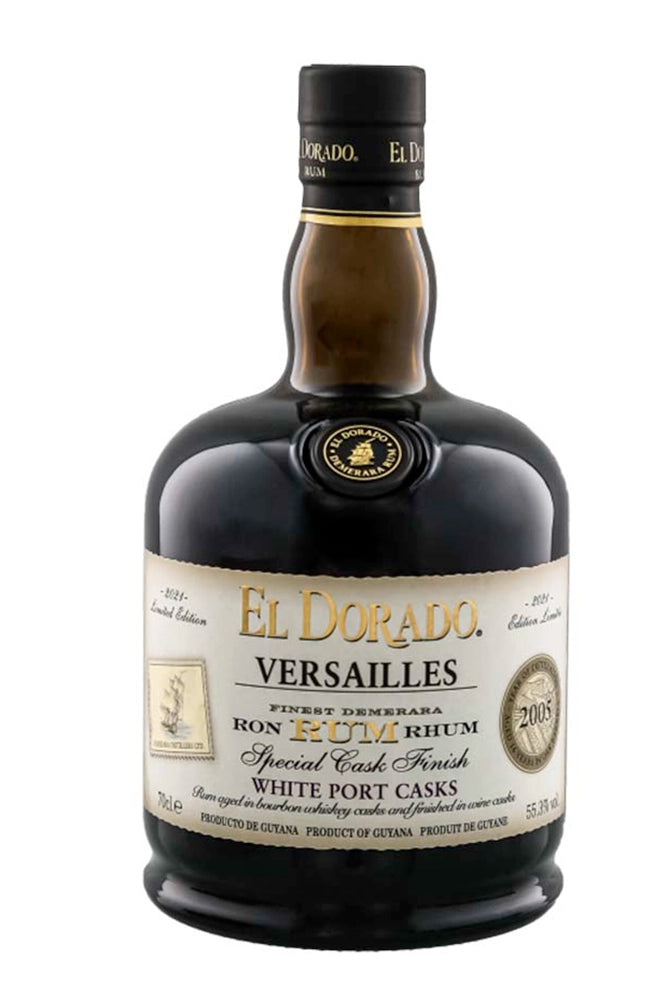 Botella de 70 cl de Ron El Dorado Versailles Porto White 2005/2021, ron premium de Guyana 55,6 % vol., acabado en barricas de vino de Oporto blanco.