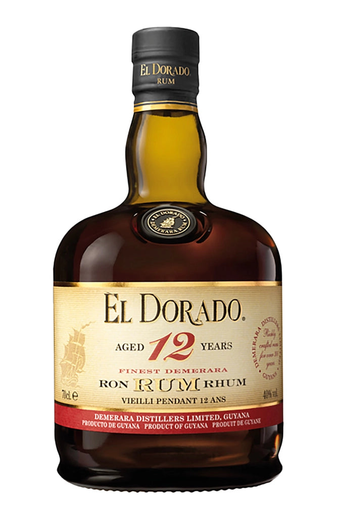 Botella de 70 cl de Ron El Dorado 12 YO, ron Demerara de Guyana 40% vol., envejecido 12 años, notas de vainilla y caramelo.